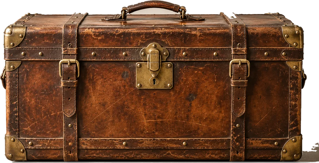 A worn leather travel trunk with brass corners
